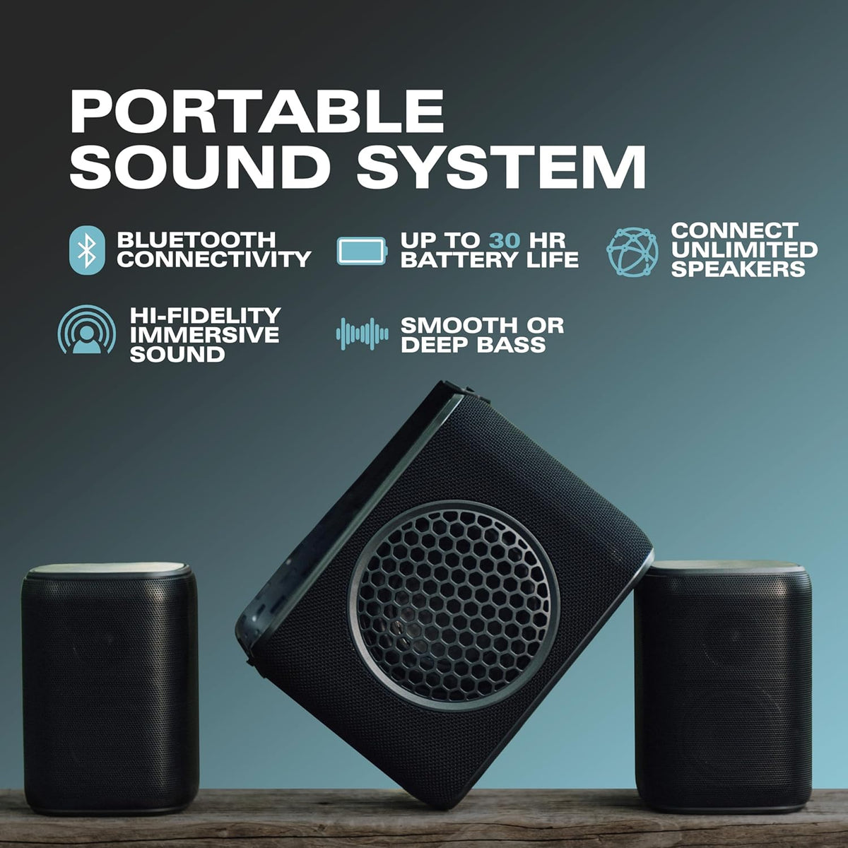 Rocksteady Stadium 2: Four Speakers and One Subwoofer Bundle - Immersive, connectible, and up to 150 ft of Range. Up to 30 Hours of Battery Life.
