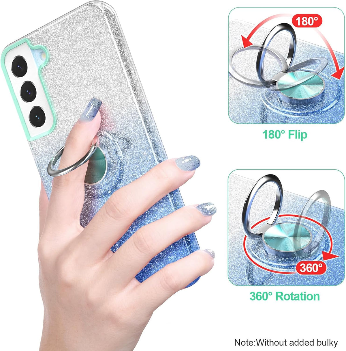Galaxy S22 Case, Slim Fit Glitter Sparkly Cover with 360° Ring Holder Kickstand for Girls Women (Blue)