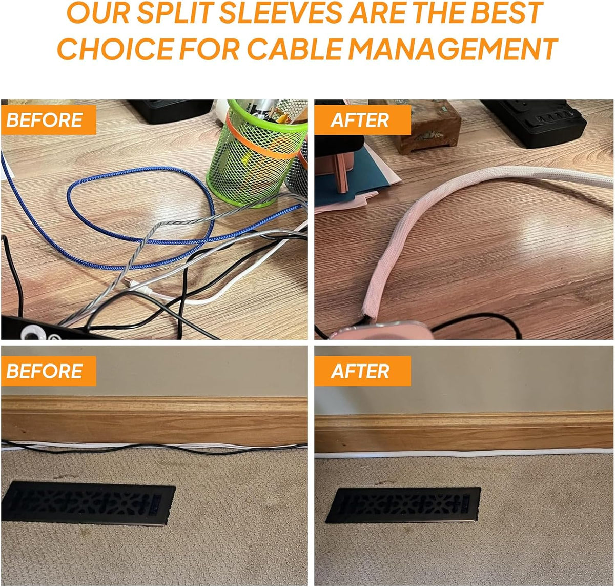 Self-Closing Split Braided Cable Organizer, Curly Cord Protector for Car & Computer Desk Audio Wire Covers, White