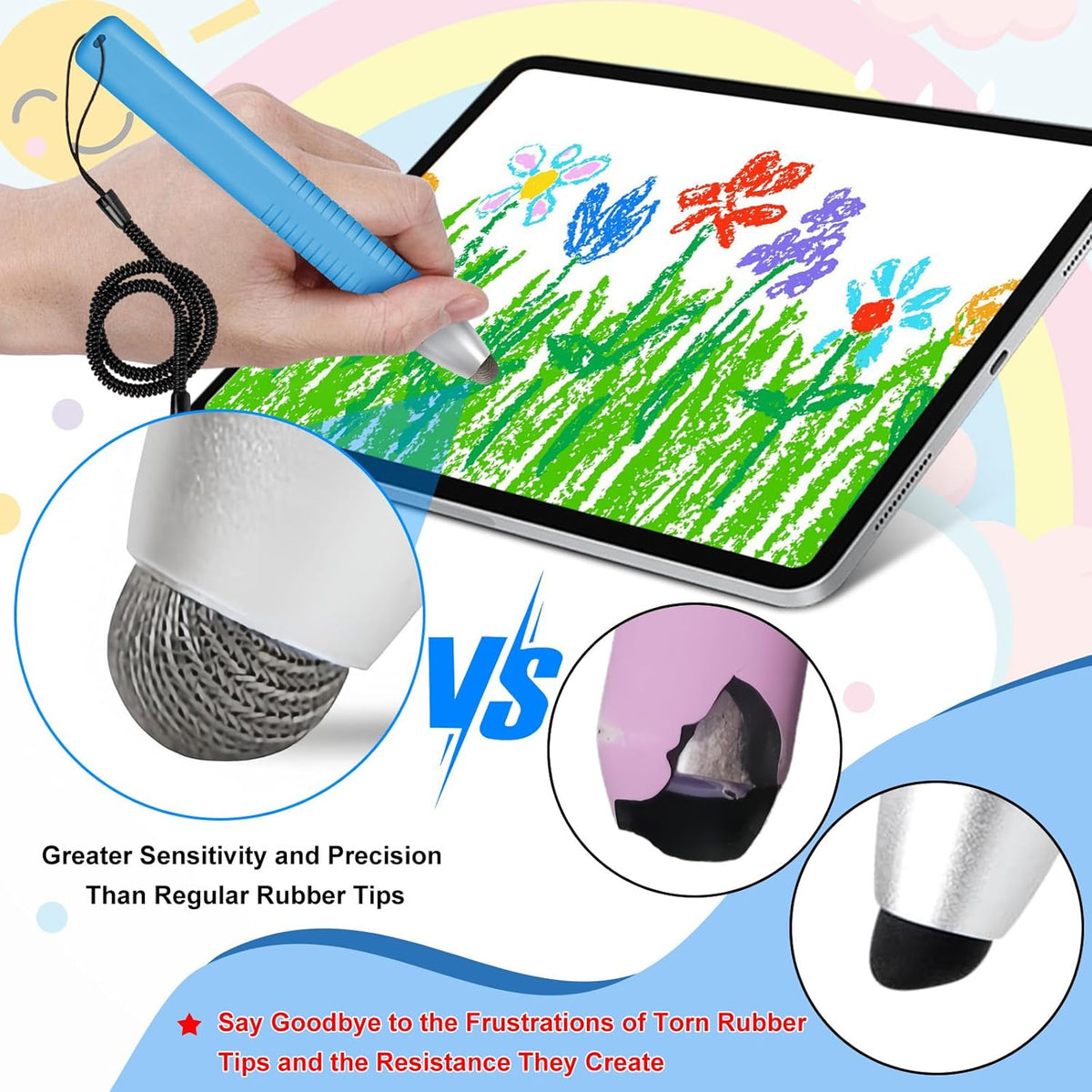 2pcs Kid-Friendly Stylus Pens for Touch Screens, Tablet Stylus Pen with Spring Cord Universal Touch Screen Capacitive Crayon Stylus Blue Yellow