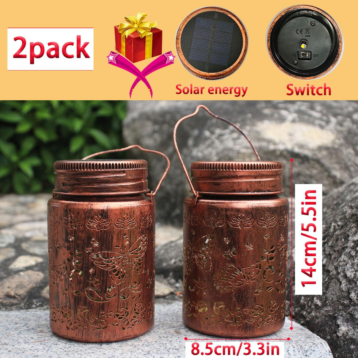 2pack Butterfly Solar Lanterns Outdoor Waterproof Hanging Solar Lights Gifts for Women Men Metal Bird Decorative LED Lanterns for Yard, Patio, Lawn