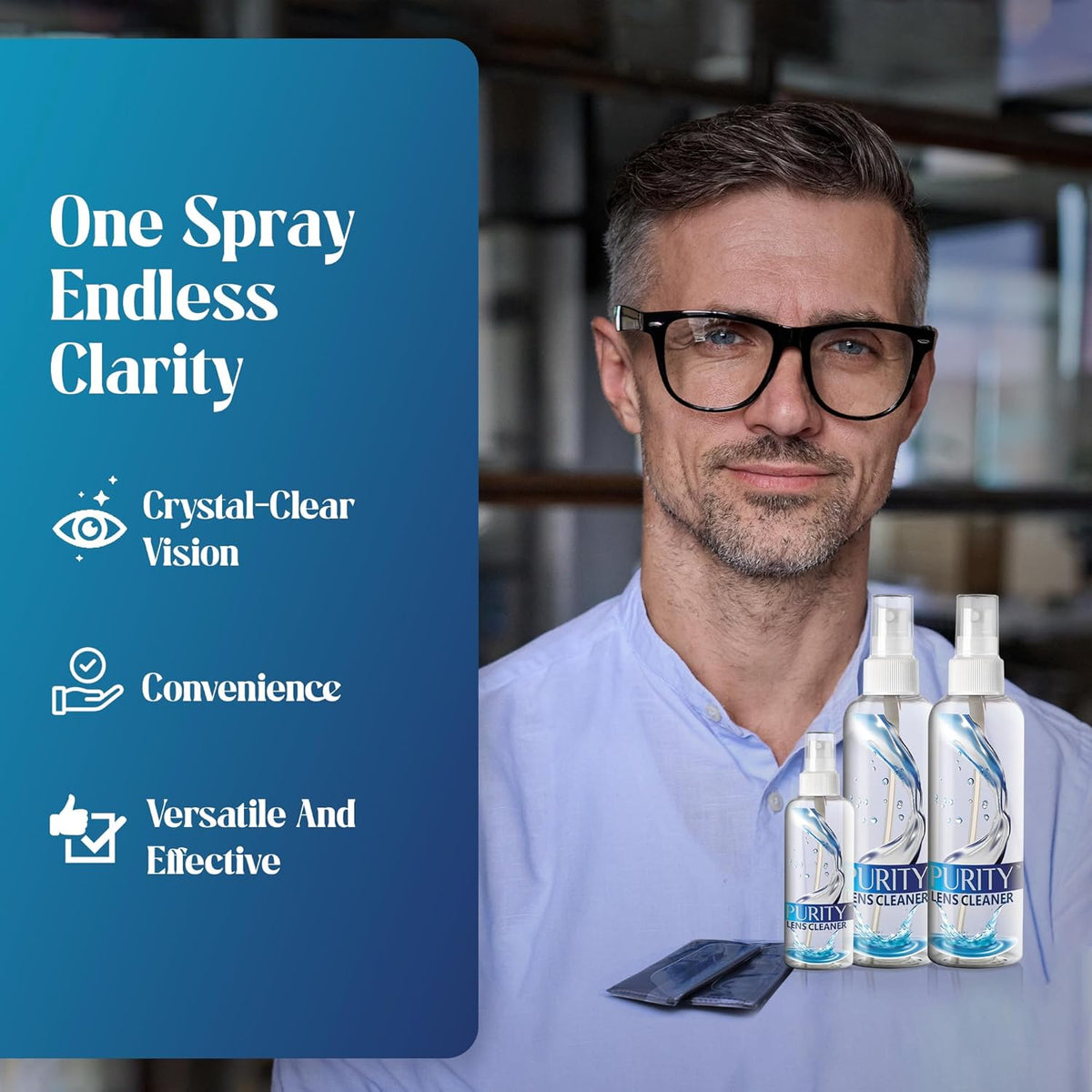 Purity Eyeglass Lens Cleaner Kit - 2 x 8oz and 1 x 2oz Lens Cleaner Spray Bottle + 2 Microfiber Cleaning Cloths - Safe for All Lenses (AR Coated Included), Eyeglasses and Screens - Clear