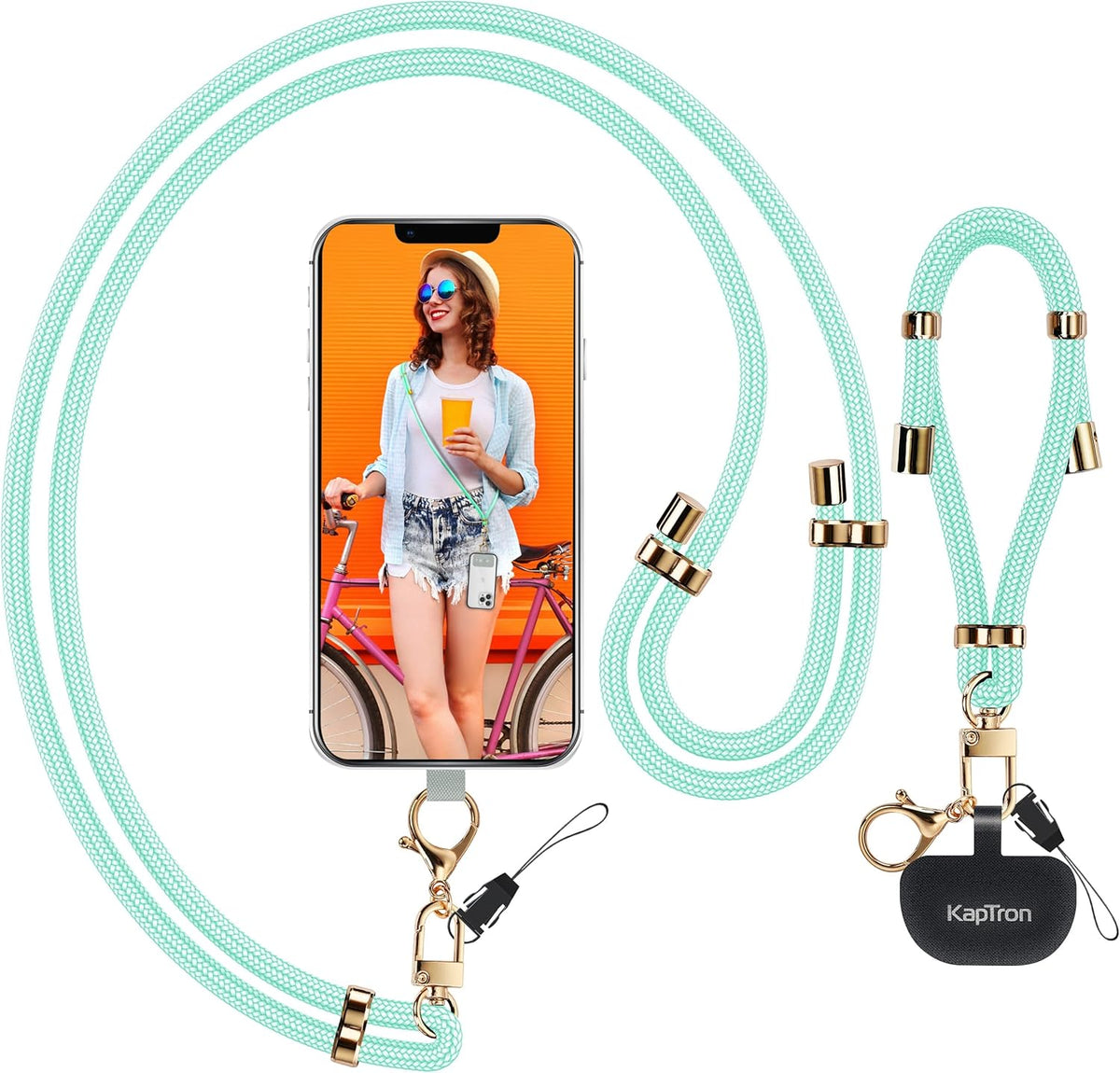Universal Phone Lanyard with Wrist Strap, Adjustable Crossbody Cell Phone Lanyard Neck Strap and Wristlet Strap with 2 Lobster Clips, Phone Tether Patches and Phone Straps (Mint Green, 2 Pack)