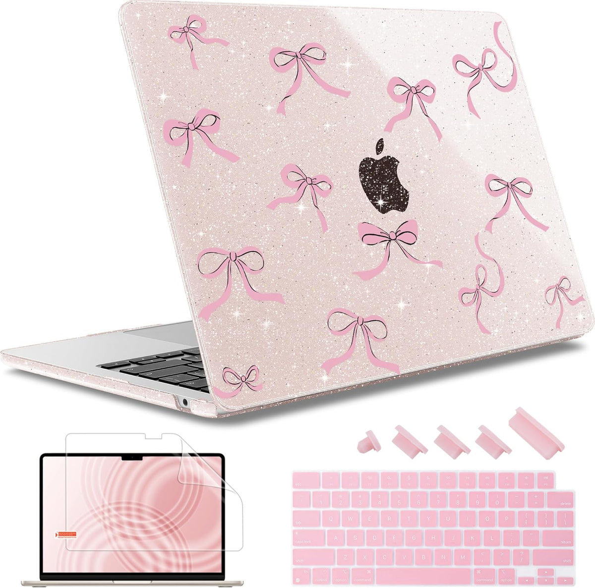May Chen for MacBook Air 13.6 inch Case A3240 M4 A3113 M3 A2681 M2 with Retina Dispaly, 2025 2024 2023 2022 Release, Plastic Hard Shell Case with Keyboard Cover, Sakura Pink Glitter Bow