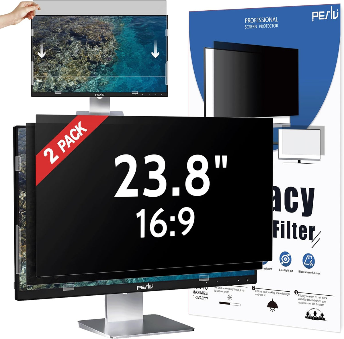 [2-Pack] 23.8 Inch Privacy Screen for Computer Monitor 16:9 Aspect Ratio, Eye Protection Anti Blue Light Glare Shield, 23.8inch Removable Black Blackout Anti Spy Desktop Security Private Filter