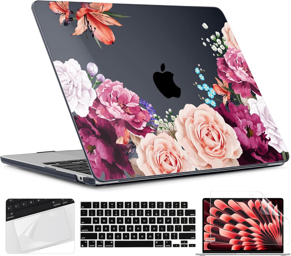 TWOLSKOO for M4 MacBook Air 13.6 inch Case 2025-2022 Release M4 A3240 M3 A3113 M2 A2681, Plastic Hard Shell & Screen Protector & Keyboard Cover & Trackpad Film, Black Peony