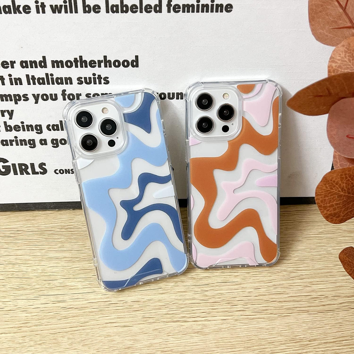 Cute Art Wavy Painted Phone Case for iPhone 14/13, Soft TPU Edge & PC Back, Shockproof Protection - Blue.