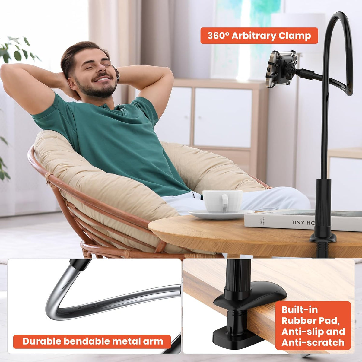 Gooseneck Kindle Holder for Reading in Bed, 360° Adjustable Cell Phone Stand for Desk, Flexible Lazy Arm Mount Clamp,Kindle Paperwhite Stand Accessories,Compatible with 4-8 Inches Device