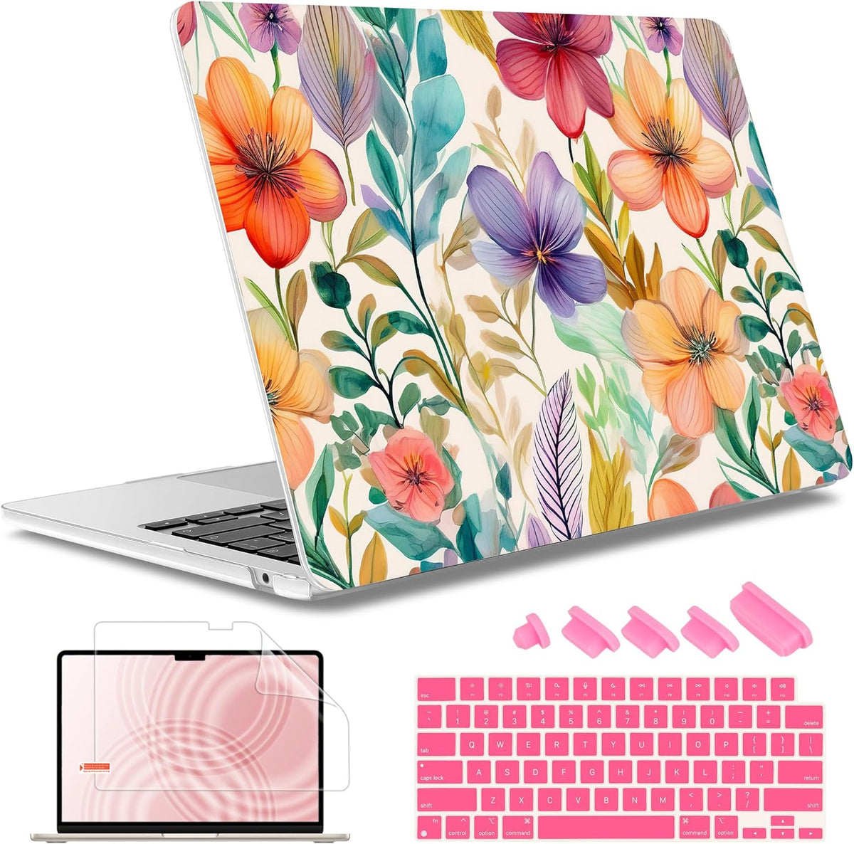 May Chen for MacBook Air 13.6 inch Case A3240 M4 A3113 M3 A2681 M2 with Retina Dispaly, 2025 2024 2023 2022 Release, Plastic Hard Shell Case with Screen Protector & Keyboard Cover, Flowers Watercolor