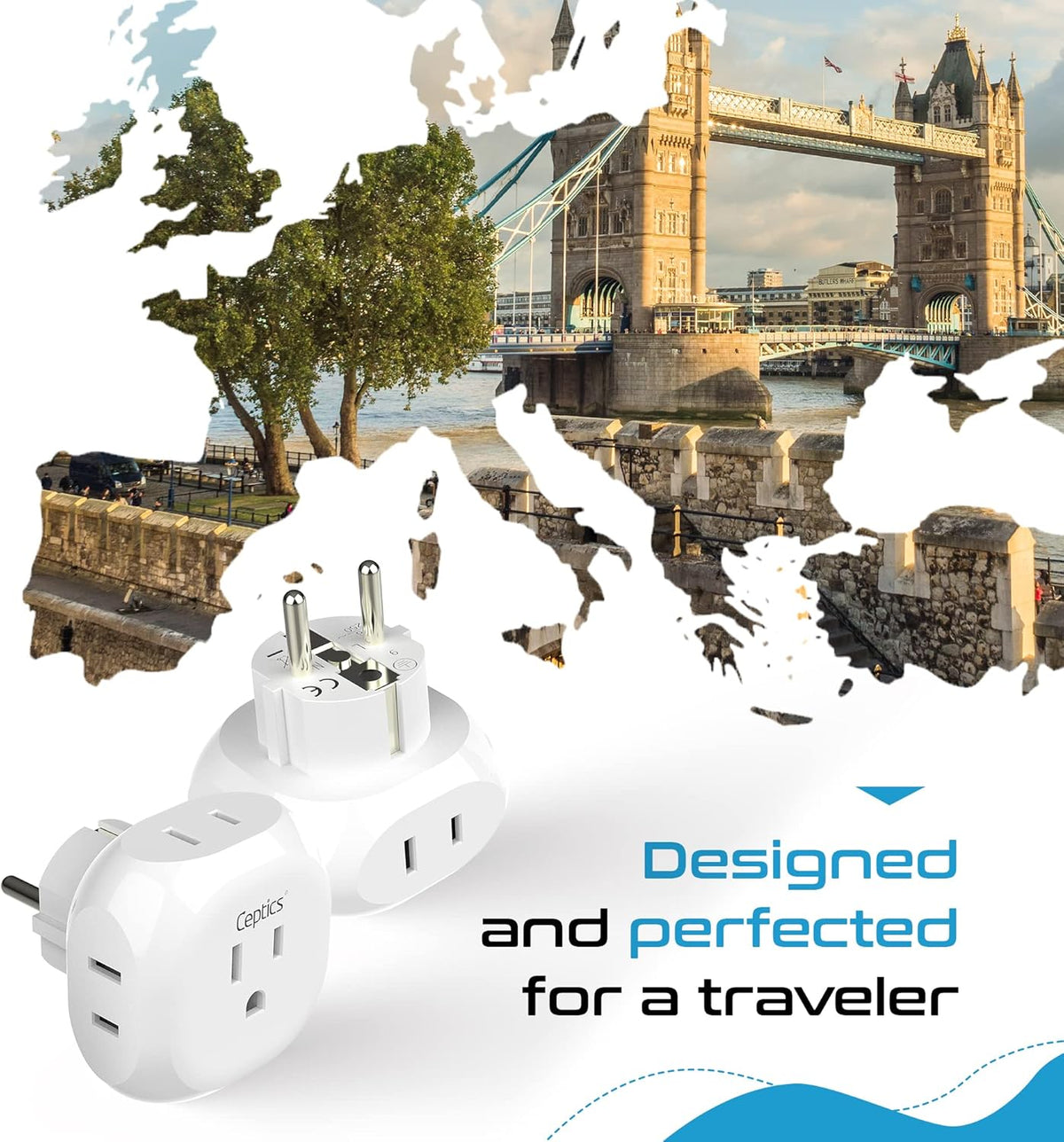 Ceptics European Schuko Travel Plug Adapter Germany France Adapter Charger 4 Input - USA to Any Type E/F Countries Such as Germany, France and More - 2 Pack (PT-9), White