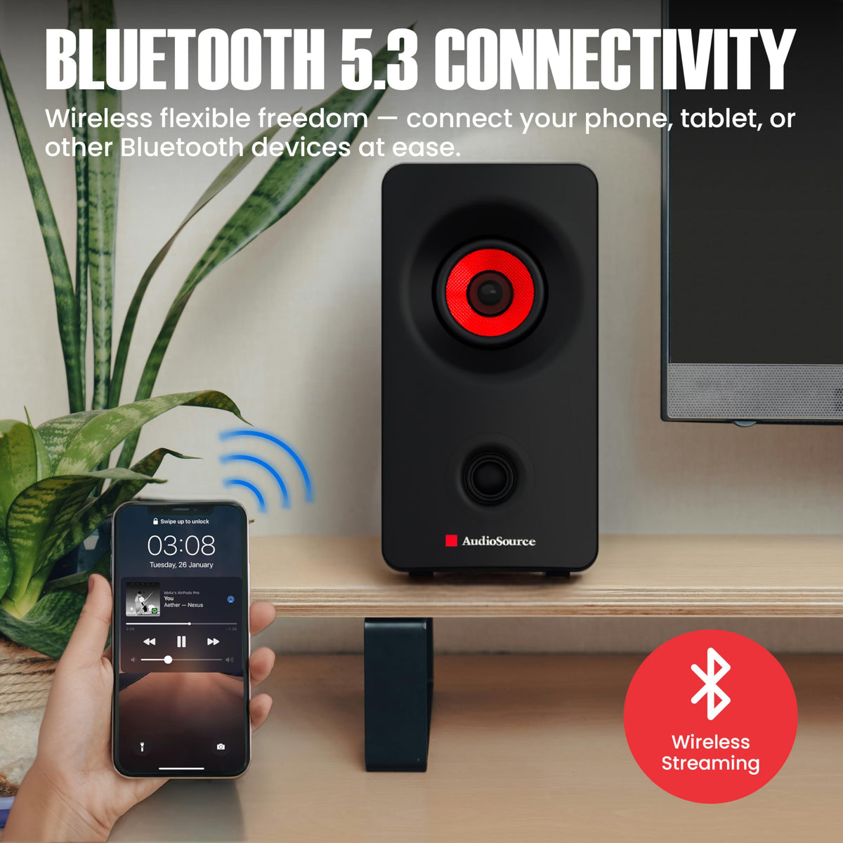 Audiosource Desktop PC Speakers with Bluetooth 5.3, USB-C Plug & Play, 2.0 Stereo Computer Speakers with Dual 2" Drivers, AUX Input, LED Indicator