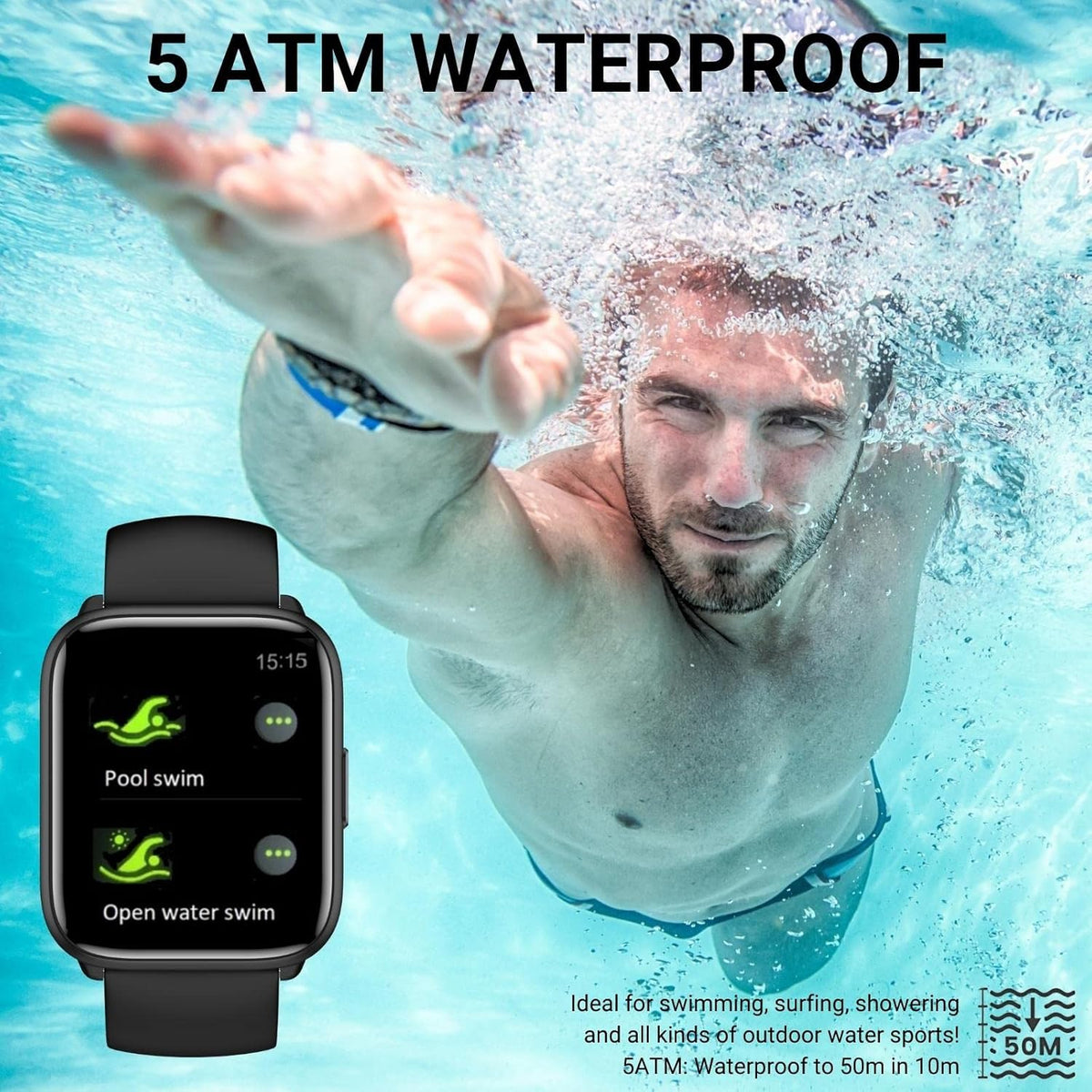 Smart Watch for Men Women, 1.8" Fitness Tracker with Heart Rate SpO2 Sleep Monitor, 100+ Sports, 5ATM Waterproof