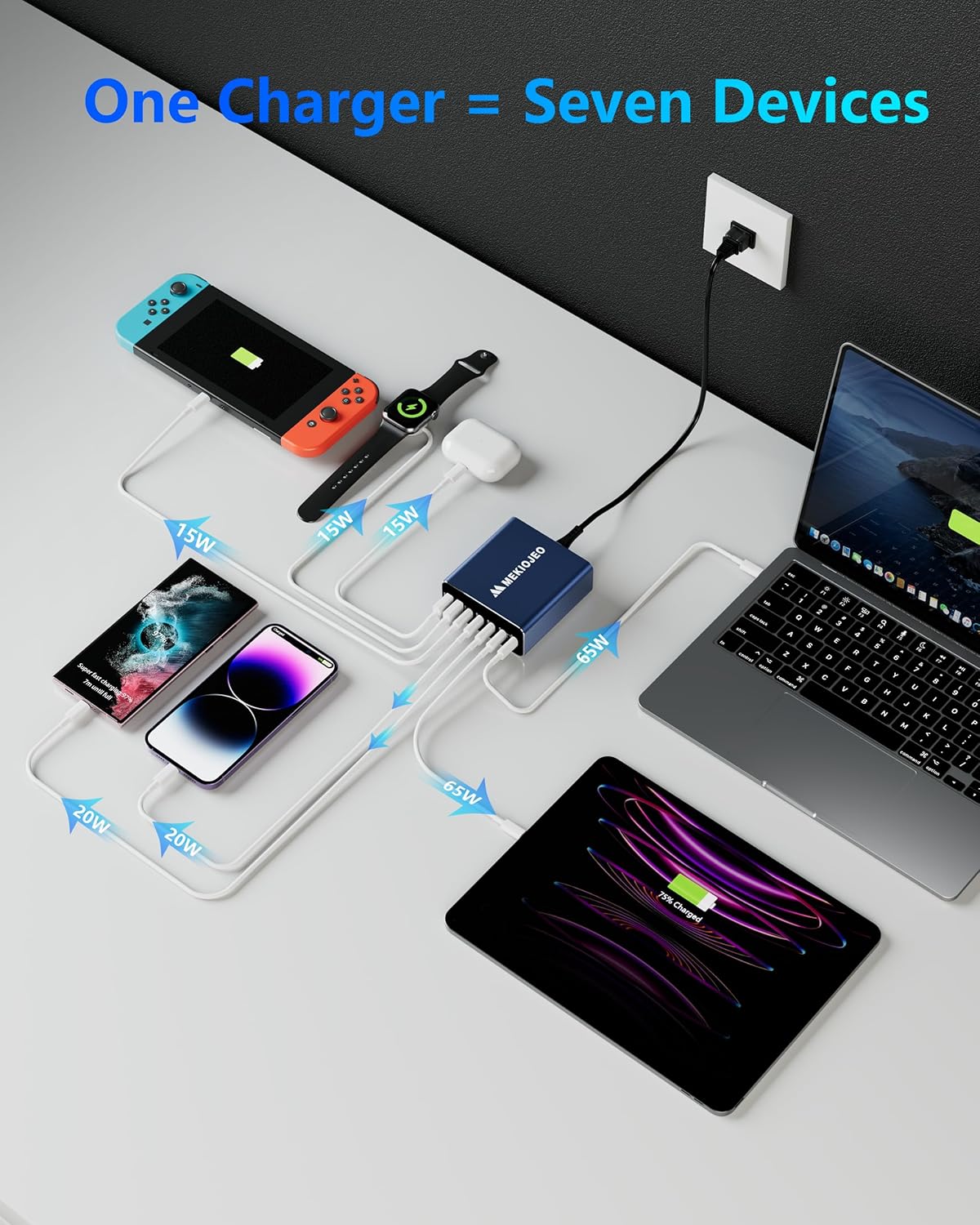Aluminum Alloy USB C Charger 260W GaN Fast USB C Charging Station 7 Ports 65W Laptop Charger for MacBook Pro/Air/iPad Pro/iPhone (Blue)