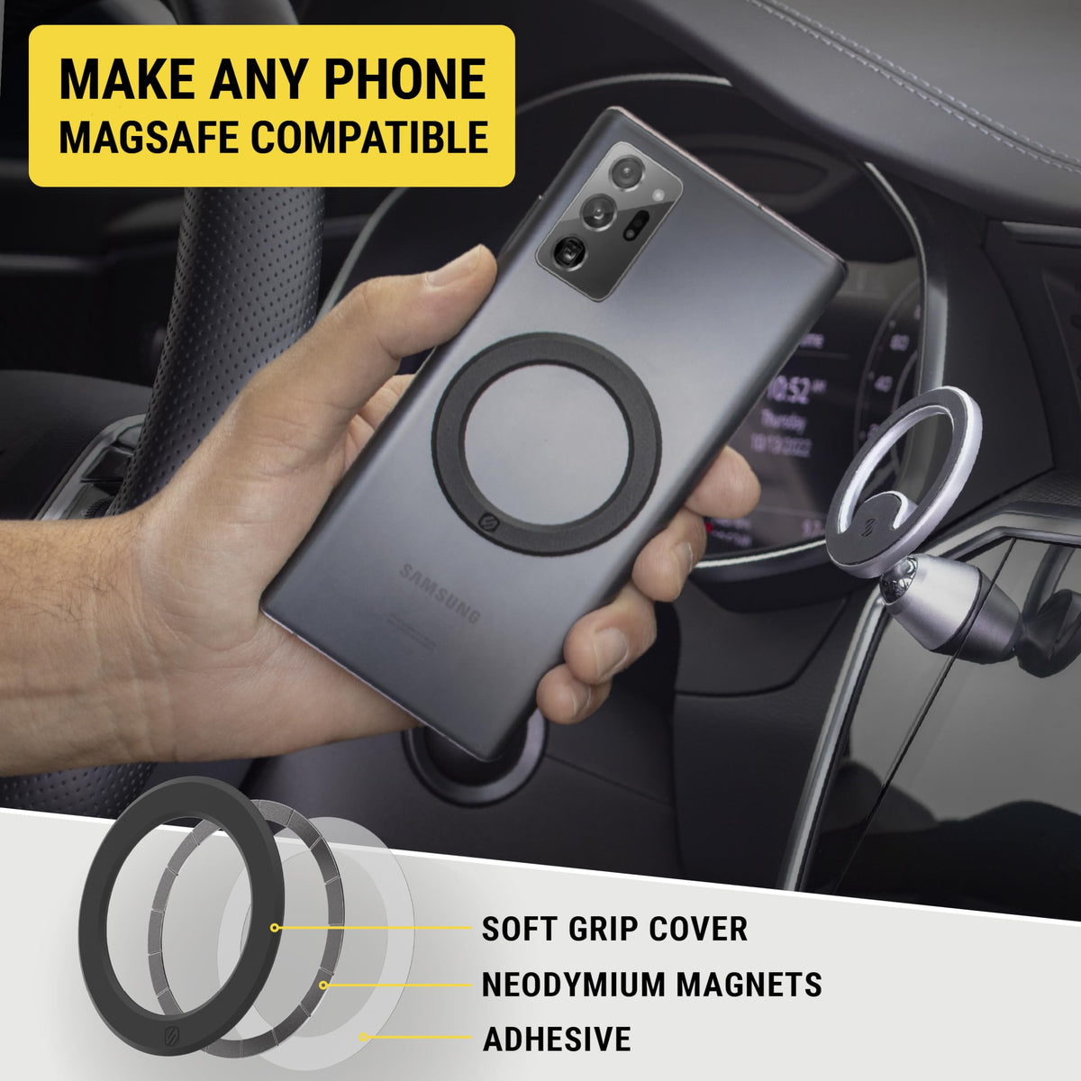 Scosche MagicRing MagSafe Adapter Ring, Conversion Kit Adds Wireless Charger and MagSafe Phone Mount Compatibility, Universal Magnetic Ring for Phone