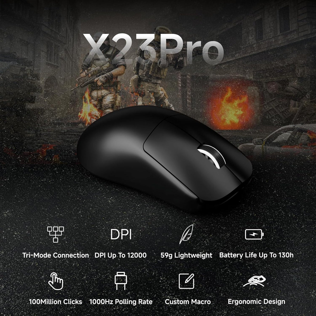 EWEADN X23Pro Wireless Gaming Mouse, 49g Lightweight Mouse, PAW3311 Sensor, 12000 DPI, 2.4G/BT5.0/USB-C Rechargeable Wireless Mouses with 6 Programmable Buttons for Laptop/PC/Mac, Black