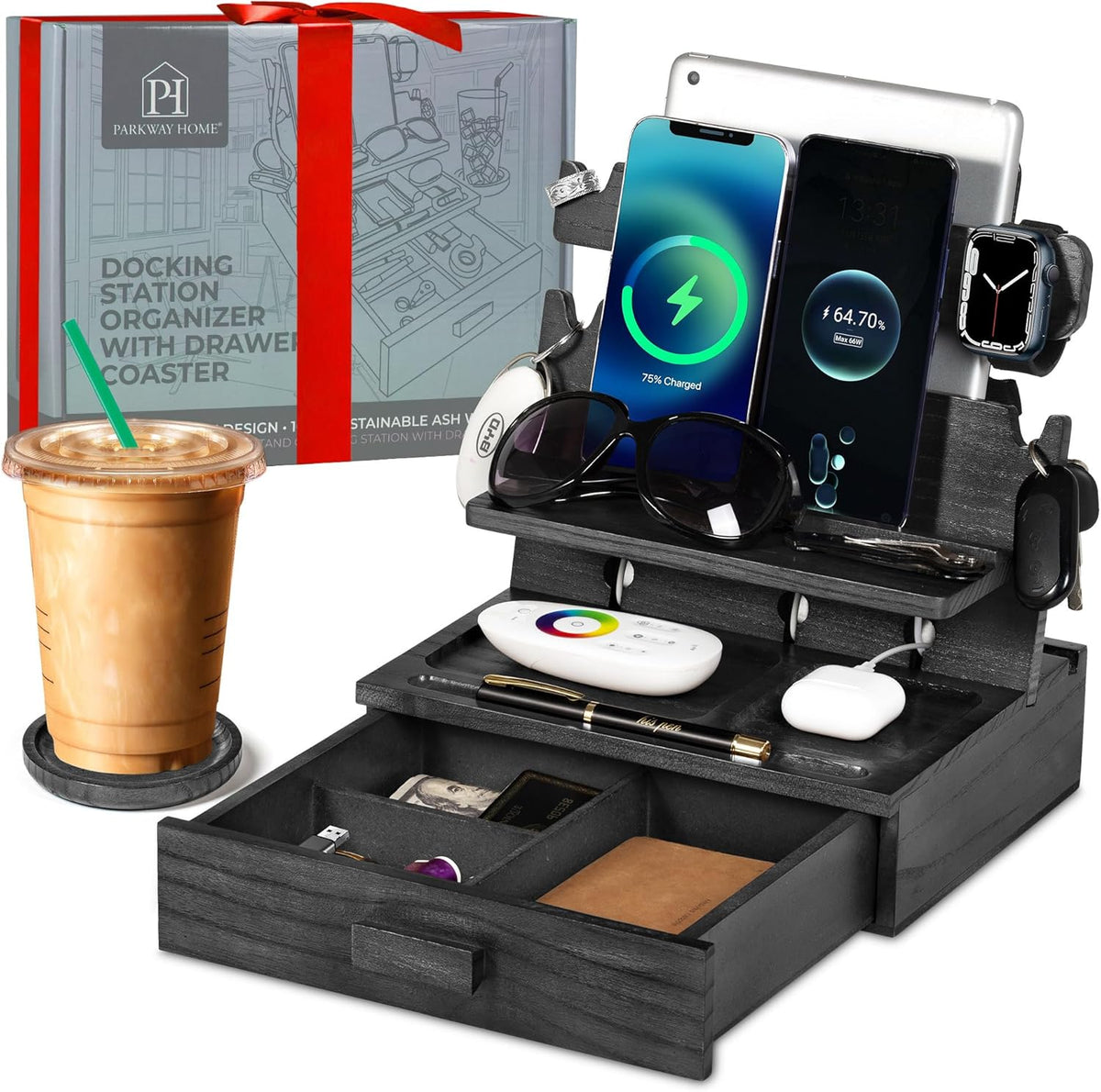 Black Wood Phone Docking Station for up to 3 Phones - Nightstand Organizer with Drawer for Valuables for Men & Women, Compatible With Apple Watch, Holds Phones, Tablets, Keys, Rings, Glasses, EDC