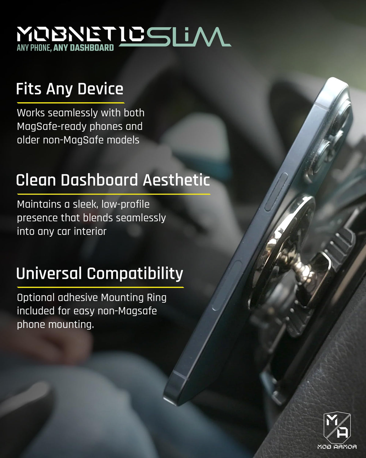 Mob Armor Slim Mount MS - Magsafe Car Mount, Magnetic Cell Phone Holder, MagSafe Car Accessories for Women & Men, Compatible with iPhones & Androids