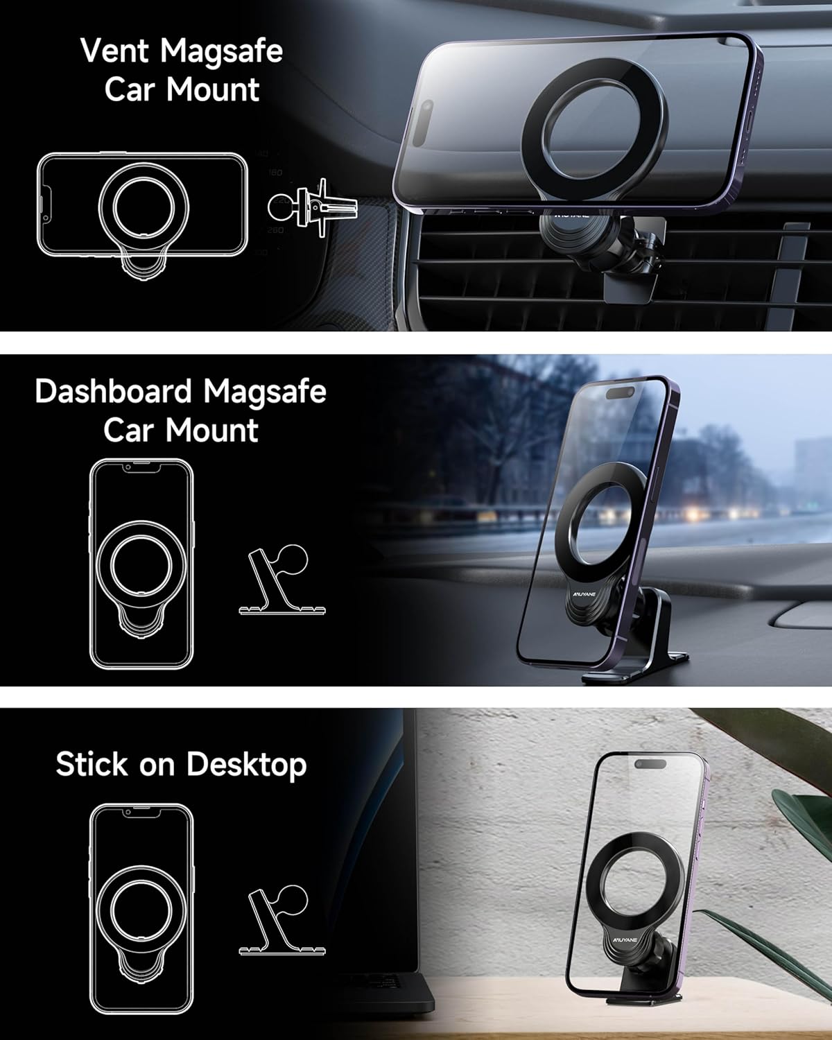Mag-Safe Car Mount Compatible, 2 in 1 Super Stable Magnetic Phone Mount for iPhone 15 Pro Plus Max 14 13 12 Mini