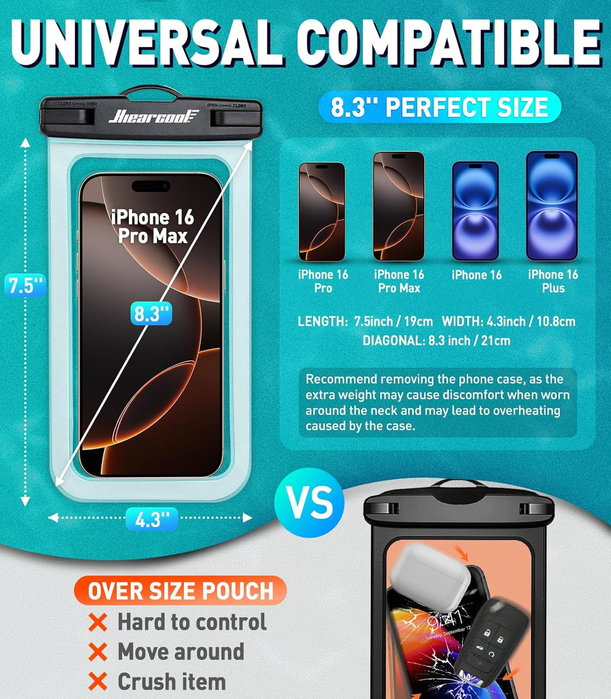 Hiearcool Waterproof Phone Pouch, Waterproof Phone Case, IPX8 Cellphone Dry Bag Compatible for iPhone 16 15 14 13 Pro Max Plus Cellphone Up to 8.3", Beach Essentials for Travel-Clear-4Pack