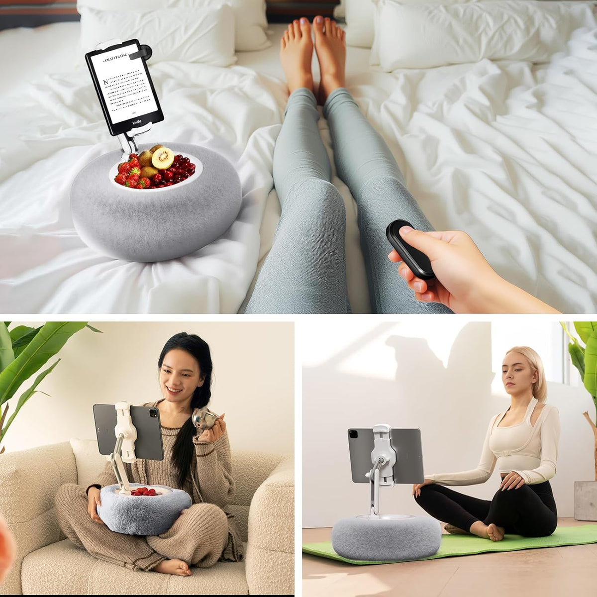 Tablet Pillow Stand for Reading, Adjustable Tablet Pillow Stand for Lap with Detachable Bowl, Fits 4.7"-13" Kindle/Phones/Tablets, Watch Videos, Stream Media, Gray