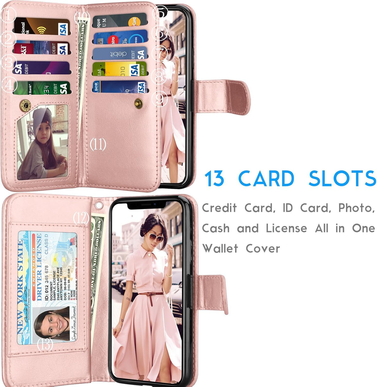 Tekcoo Luxury Wallet Case for iPhone Xs/iPhone X, Rose Gold PU Leather Flip Cover with Detachable Magnetic Hard Case