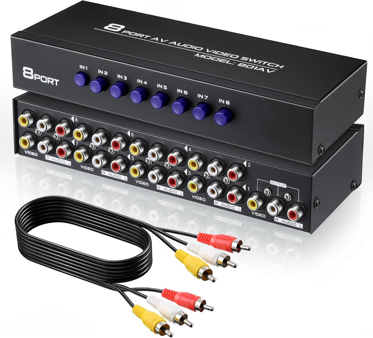 Gulfmew 8 4 8 1 8 Way AV Switch, RCA Switcher with FT RCA Cable, in Out Composite Video L/R Audio Selector Box, Port AV