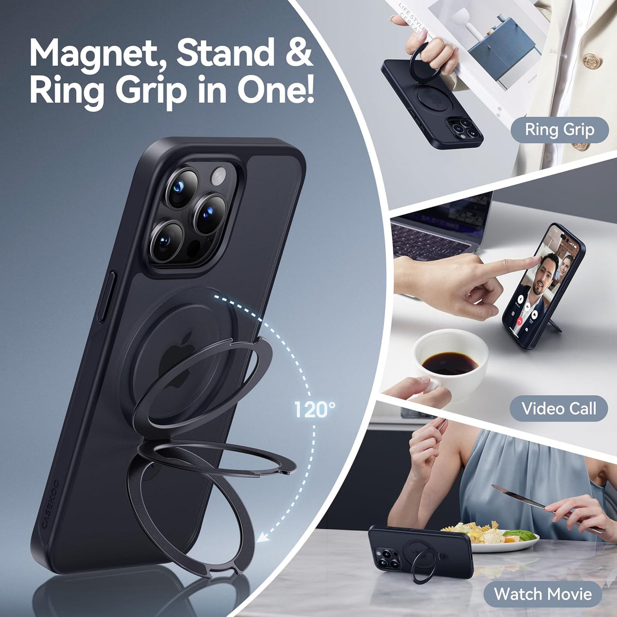 CASEKOO Designed for iPhone 15 Pro Max Case with Magnetic Invisible Stand [Military Drop Protection] [Compatible with MagSafe] Shockproof Slim Translucent Matte Promax Case 6.7 Inch, Black