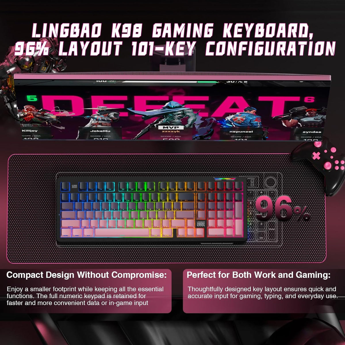 LINGBAO K98 Wireless Mechanical Gaming Keyboard, Tri-Mode BT5.0/2.4GHz/USB-C, Creamy Keyboard with Number Pad, Hot Swappable Gasket Custom Linear Switches RGB Backlit Keyboards for Win/Mac/PC/Laptop