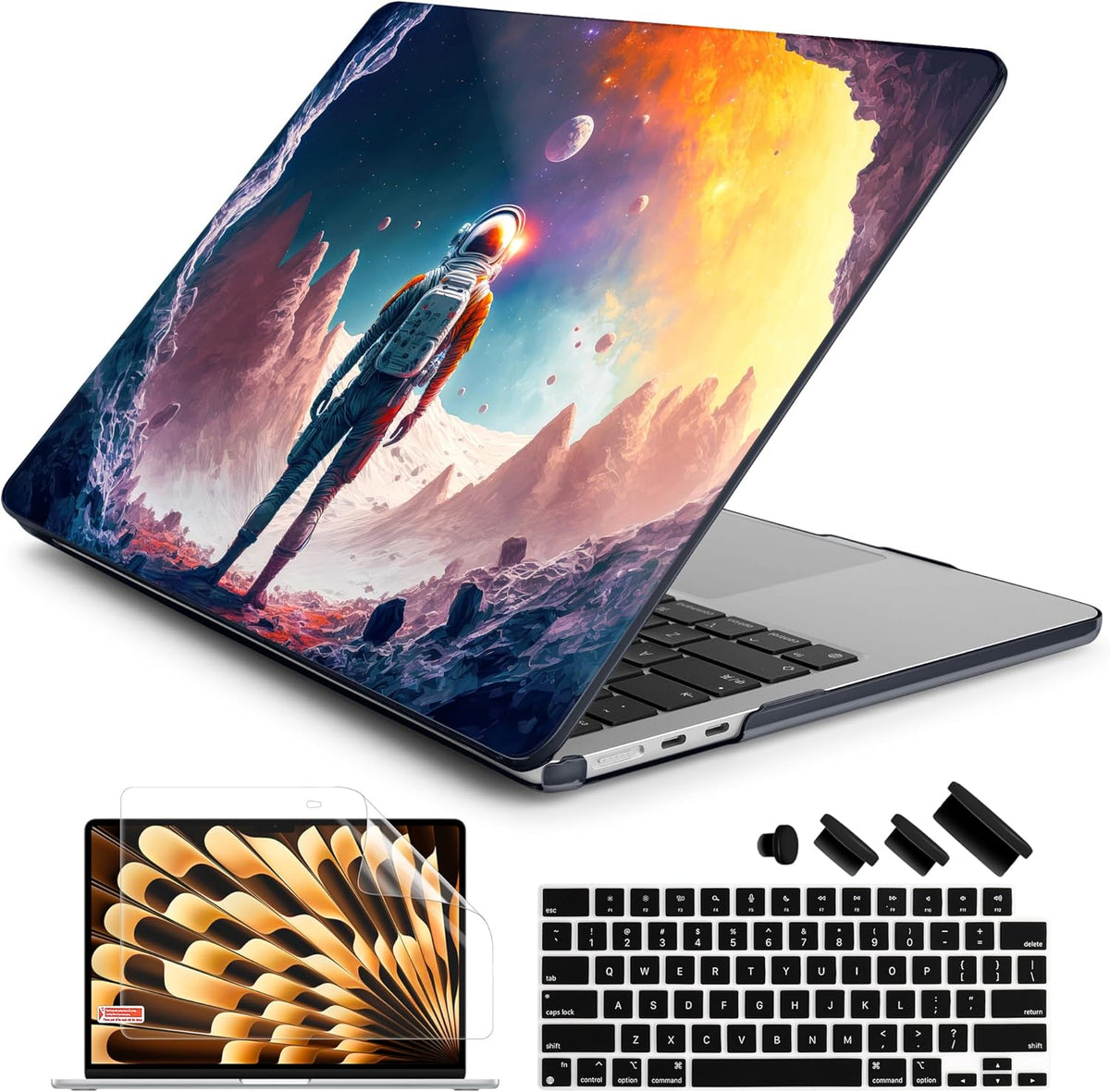 Batianda Premium Case for New MacBook Air 15 inch 2025 2024 2023 with M4 M3 M2 Chip, Designed Black Protective Plastic Hardshell & Keyboard Cover & Screen Protector, Astronaut