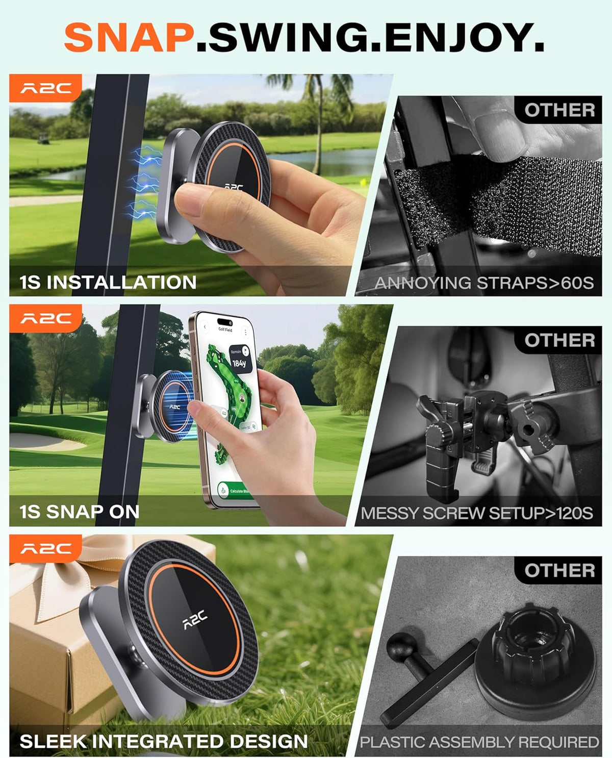 A2C Alloy Magnetic Golf Cart Phone Holder Compatible with MagSafe iPhone 16 Pro Max Plus 15 14 13 12 Mini Fits EZGO, Club Car, Yamaha, Icon, Golf Cart Accessories Essentials Gift for Friend Men Women
