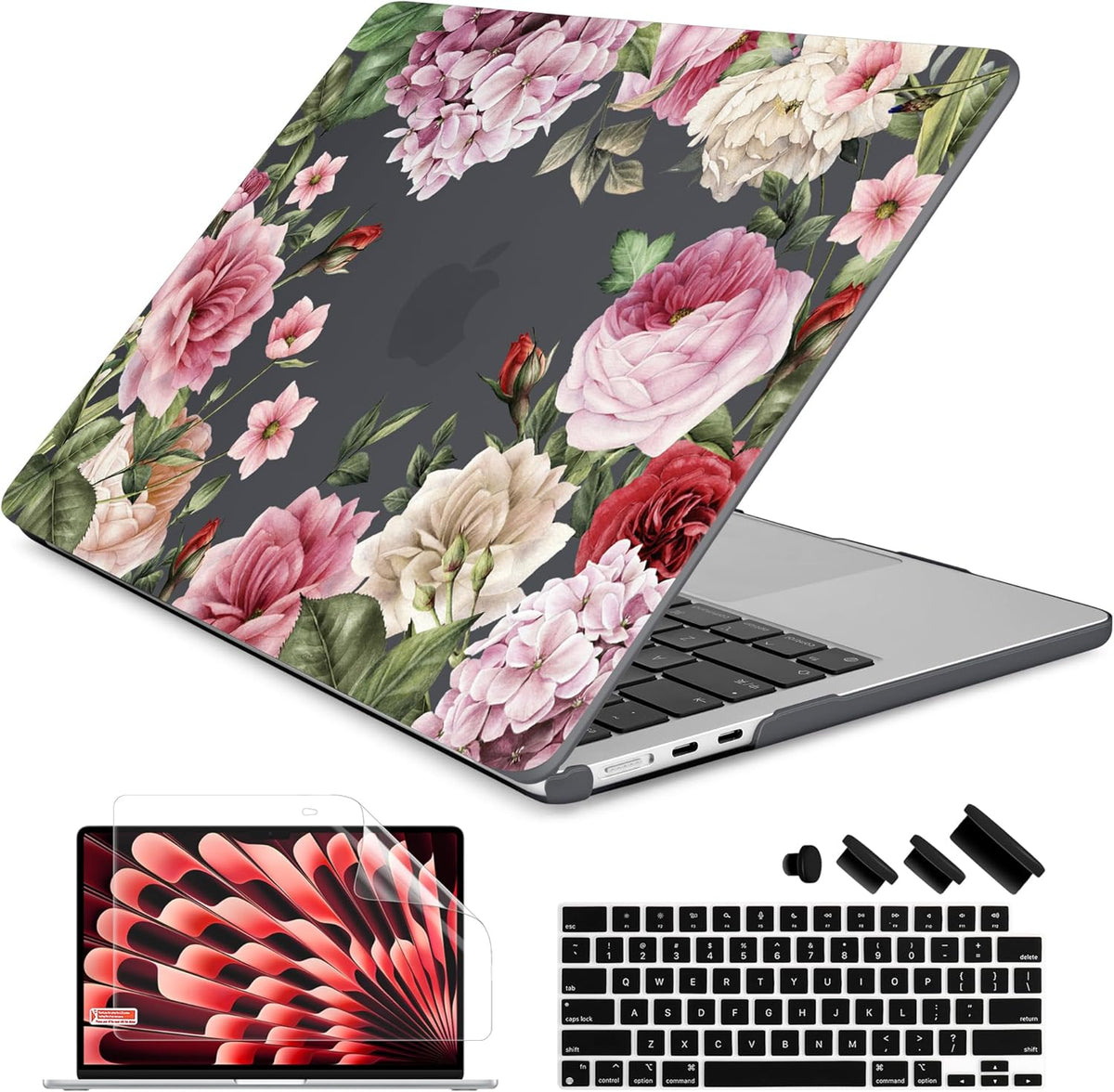 Batianda Premium Case for New MacBook Air 15 inch 2025 M4 2024 2023 with M3 M2 Chip Model A3241/A3114/A2941, Designed Protective Plastic Hardshell & Keyboard Cover & Screen Protector, Peony