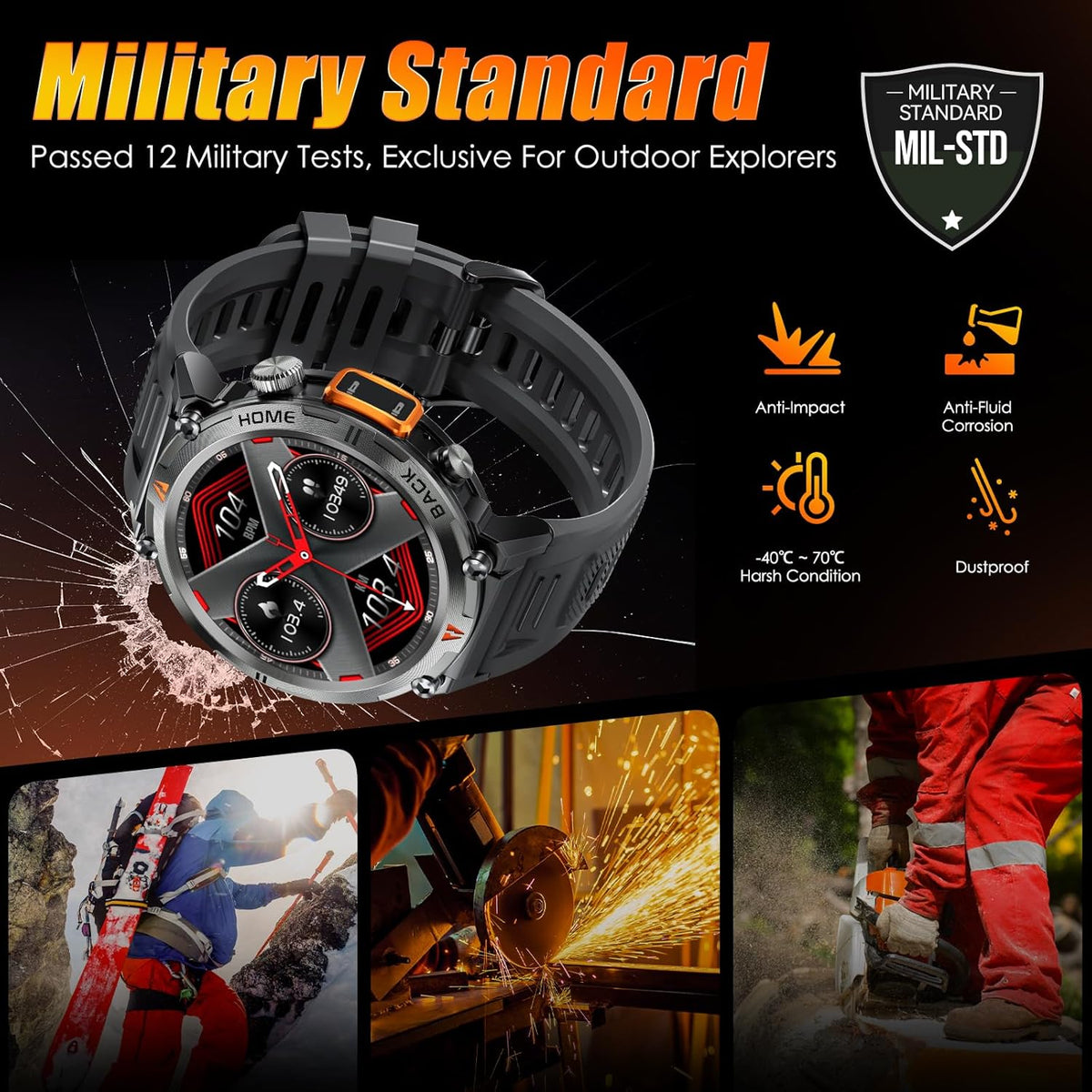 EIGIIS Military Smart Watch for Men, Tactical Rugged with Bluetooth Call, 1.45'' Big Screen Fitness Tracker,