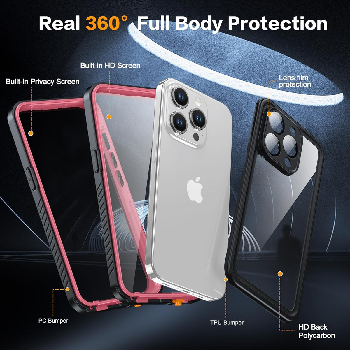 for iPhone 15 Pro Case Waterproof, Built-in Privacy Screen & HD Screen Double Front Frame [IP68 Underwater] Shockproof Dustproof Full Body Protection iPhone 15 Pro Phone Case Pink