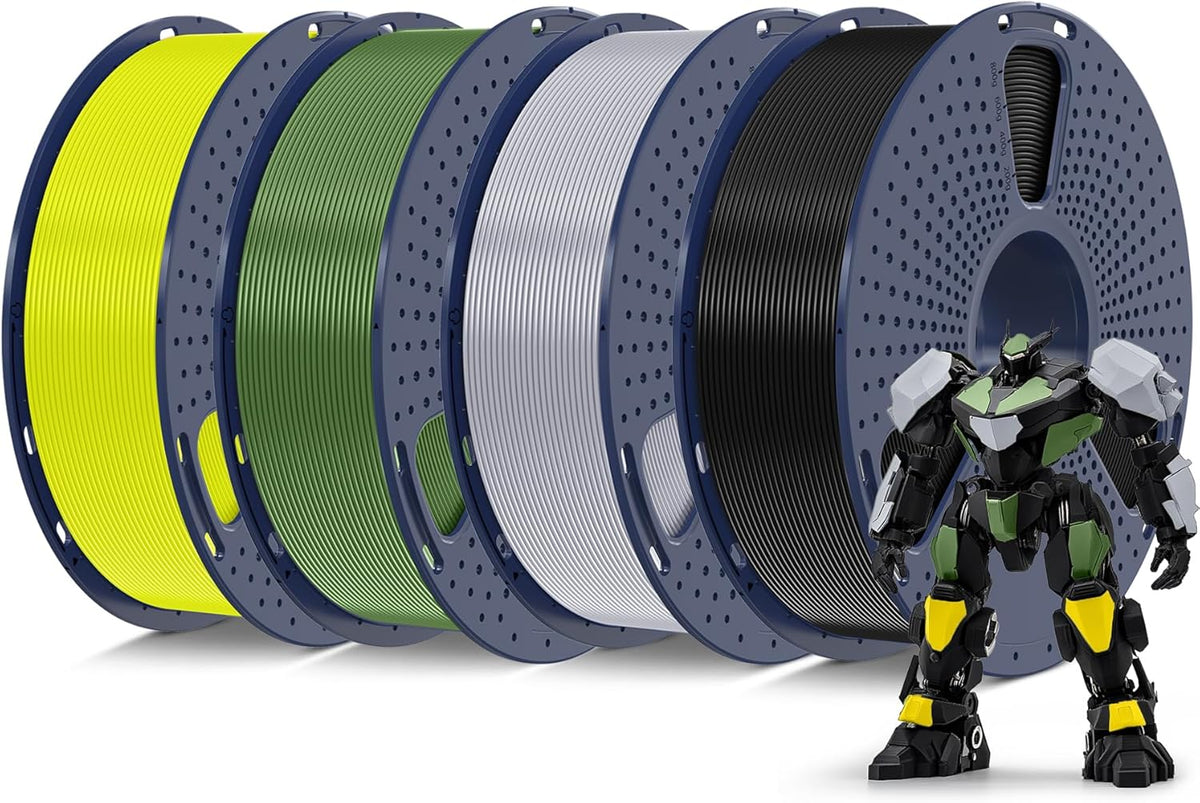 SUNLU PETG Filament 1.75mm 4KG Bundle, Less Stringing and Good Layer Adhesion, Individually Vacuum Packed, 3D Printer Filament 4kg, 1kg per Spool, Pack of 4, 4 Colors, Black+Olive Green+Silver+Yellow