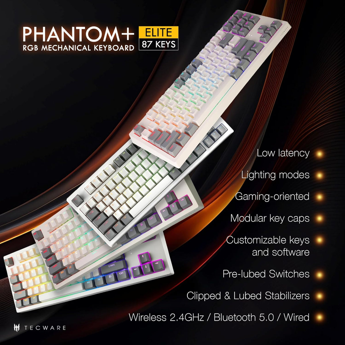 TECWARE Phantom+ Elite 87 Key RGB Mechanical Gaming Keyboard, LED Backlit, Universal Hot-Swap, Wired and Wireless, 3 Mode Connectivity, Thocky Sounding, White Elite Wraith Pink