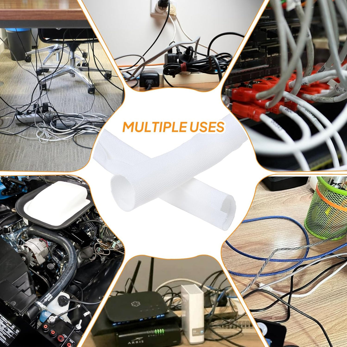Self-Closing Split Braided Cable Organizer - Curly Cord Protector for Car and Computer Desk Wire Covers (White 1"-22ft)