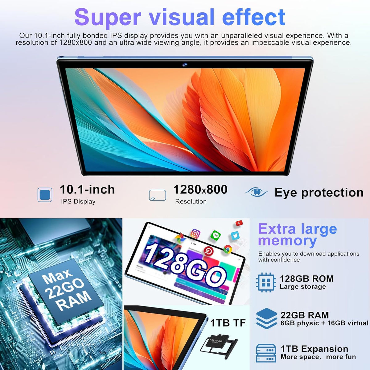 Android Tablet with Keyboard, 10 inch Android 14 Tablets 22GB+128GB, Octa-Core CPU, 8000mAh, HD IPS Display, 5G WiFi, BT 5.0, GPS, Widevine L1, 1TB Expandable, Mouse, Split Screen, Metal Body -Blue