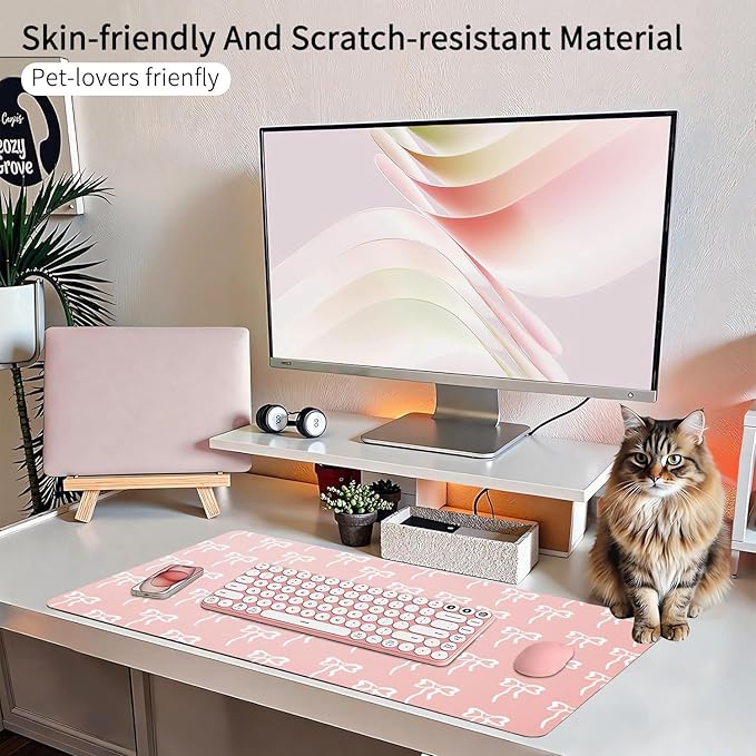 Trendy Girl Bow Desk Mat 27.6''X13.8''Cute Kawaii Design Desktop Mat Pu Leather Large Mouse Pad Aesthetic Mousepad Non-Slip Table Mat for Girls Women Office Home Work Computer Game