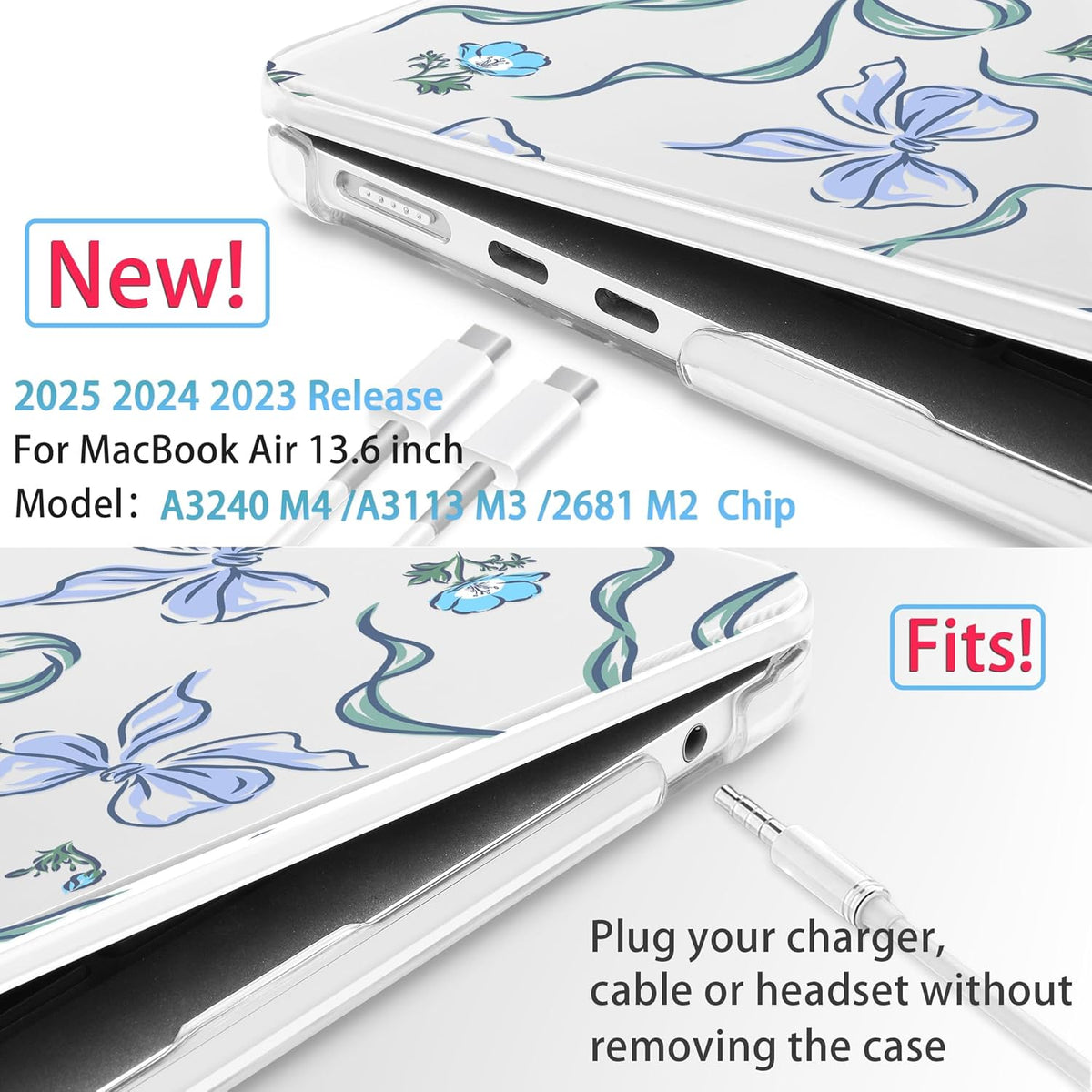 Mektron for 2025 M4 MacBook Air 13.6 Inch A3240 Case Fits 2023 A2681 M2 2024 A3113 M3 Chip with Liquid Retina Display Touch ID, Printed Plastic Hard Shell Cover for MacBook Air 13.6", Bows C355