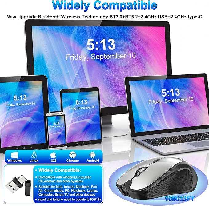 Mouse for MacBook Bluetooth Wireless Mouse Laptop MacBook Air Mac Pro Silent Rechargeable PC iPad Optical Mouse with Jiggler Dual Mode Switch Bluetooth 5.2/3.0 and 2.4GHz USB Type-C Receiver ROSE GOLD