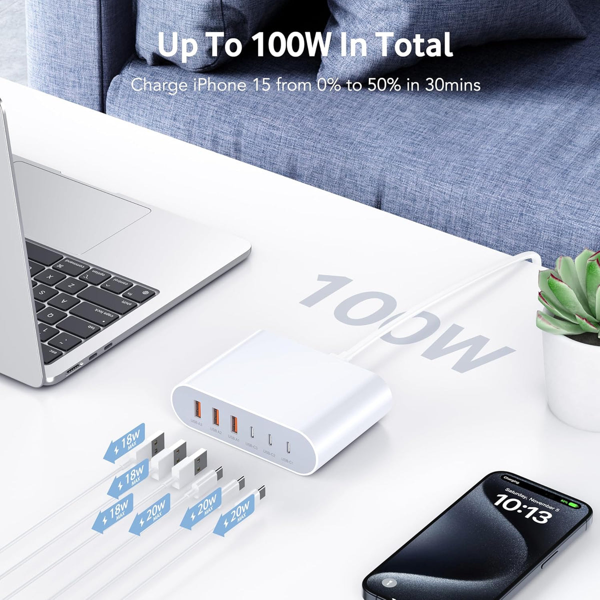 100W USB C Fast Charger Block, Compact GaN 6 Port PD USB C & QC USB A Wall Charger, Type C Charging Station Hub for