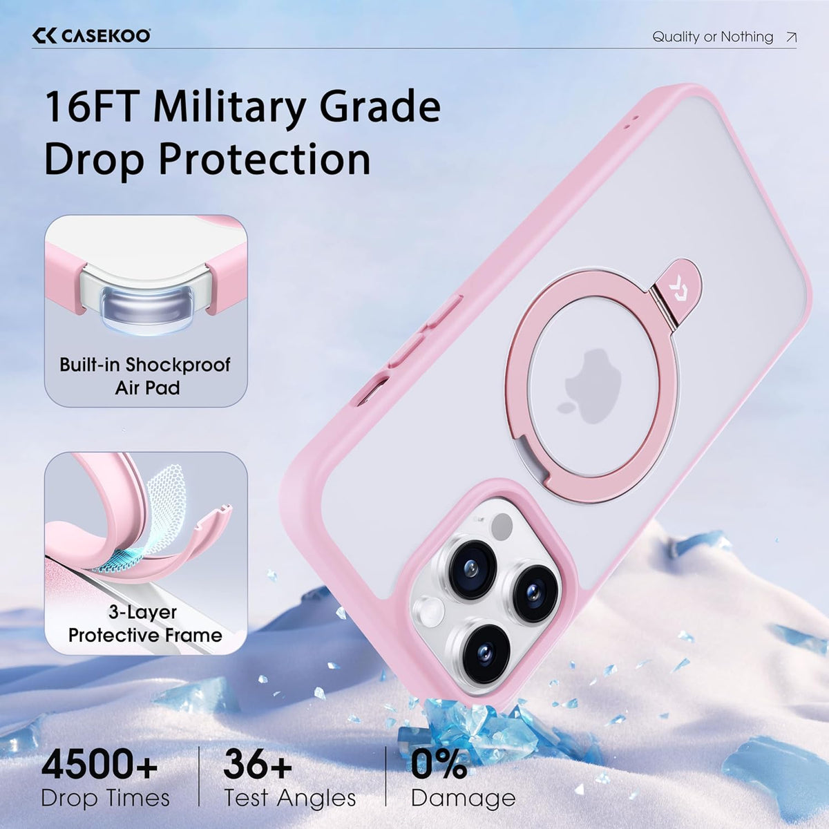 CASEKOO Designed for iPhone 15 Pro Case with Magnetic Invisible Stand [Military Drop Protection] [Compatible with MagSafe] Shockproof Slim Translucent Matte Pro Case 6.1 Inch, Pink