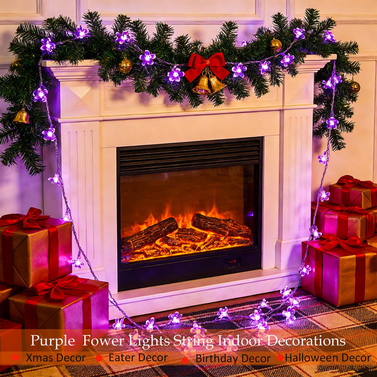 Decorative Connectable 33ft Purple Flower String Lights with 100 LEDs, Memory Function & 8 Modes. Perfect for Bedroom, Christmas, Weddings