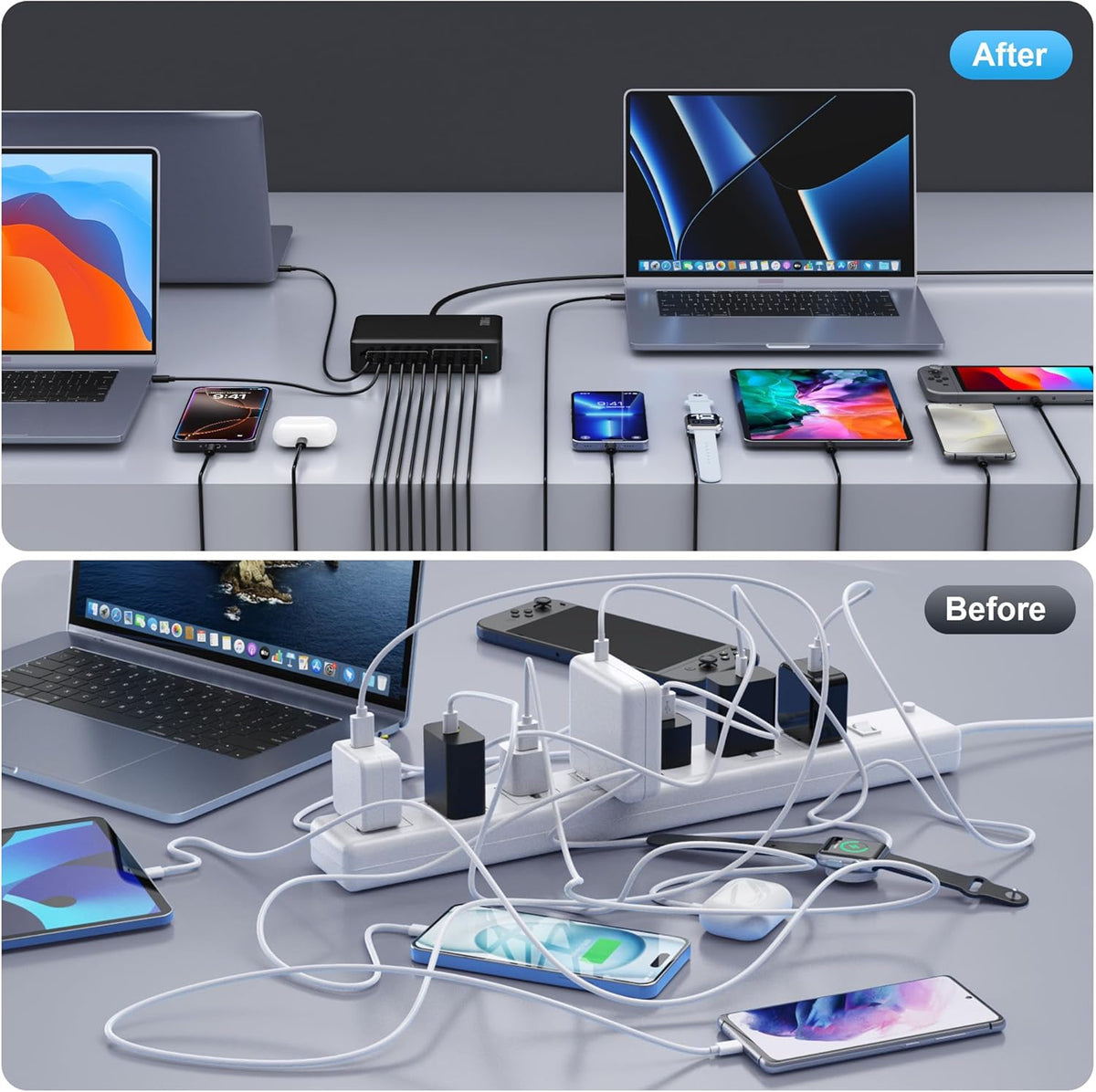 730W USB C Charger Block,10-Ports GaN V Fast Charging Station Hub,QC4.0+3 PD 100W Laptop Charger Wall Power Adapter for MacBook Pro/Air,DELL,iPhone 16/15/14/13,iPad,Galaxy S25,Pixel,Steam Desk-Black