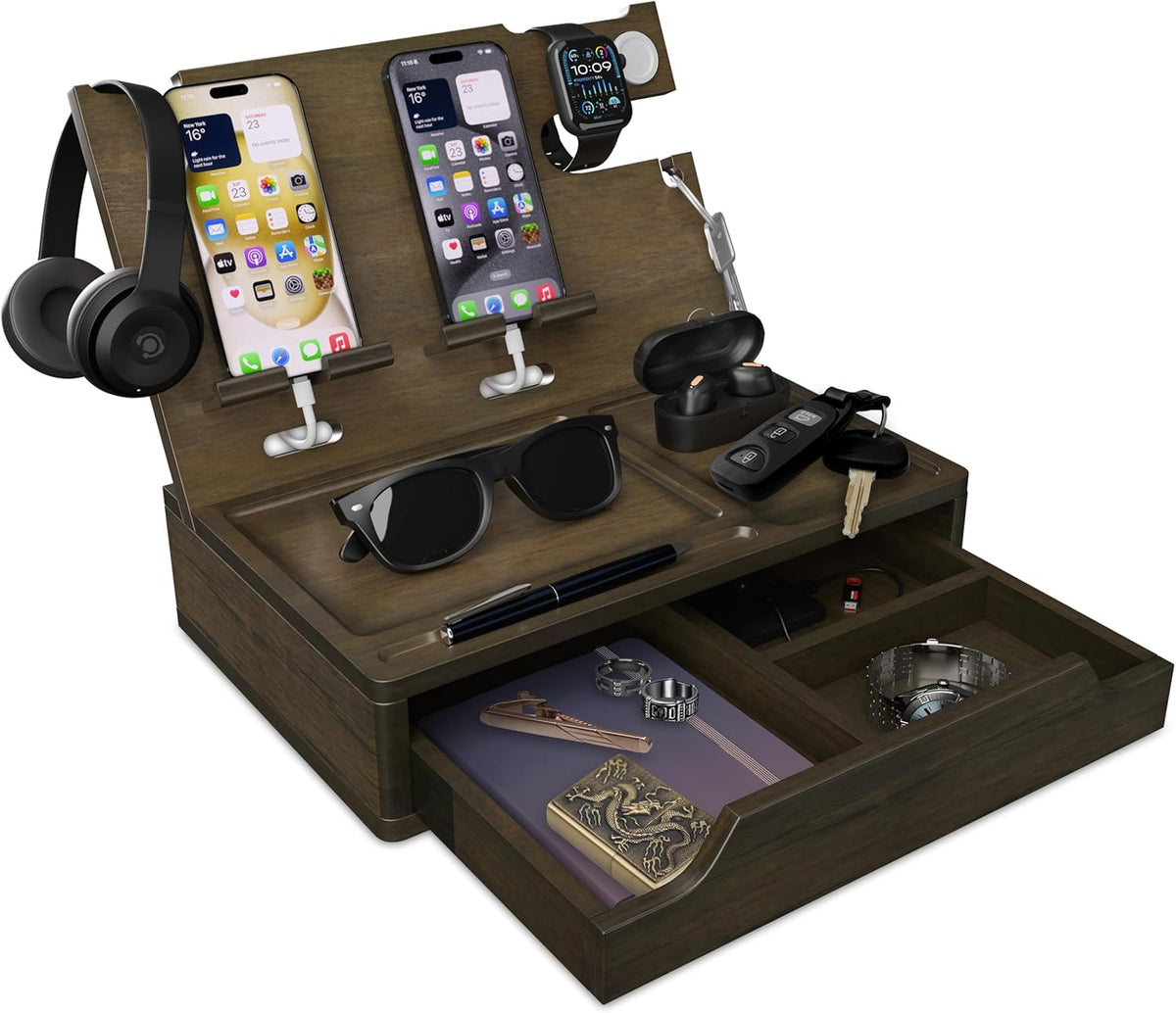 Nightstand Organizer - Bedside Holder for 2 Cellphones or 1 Tablet, Smart Watches, Headphones, Ideal Gifts for Men