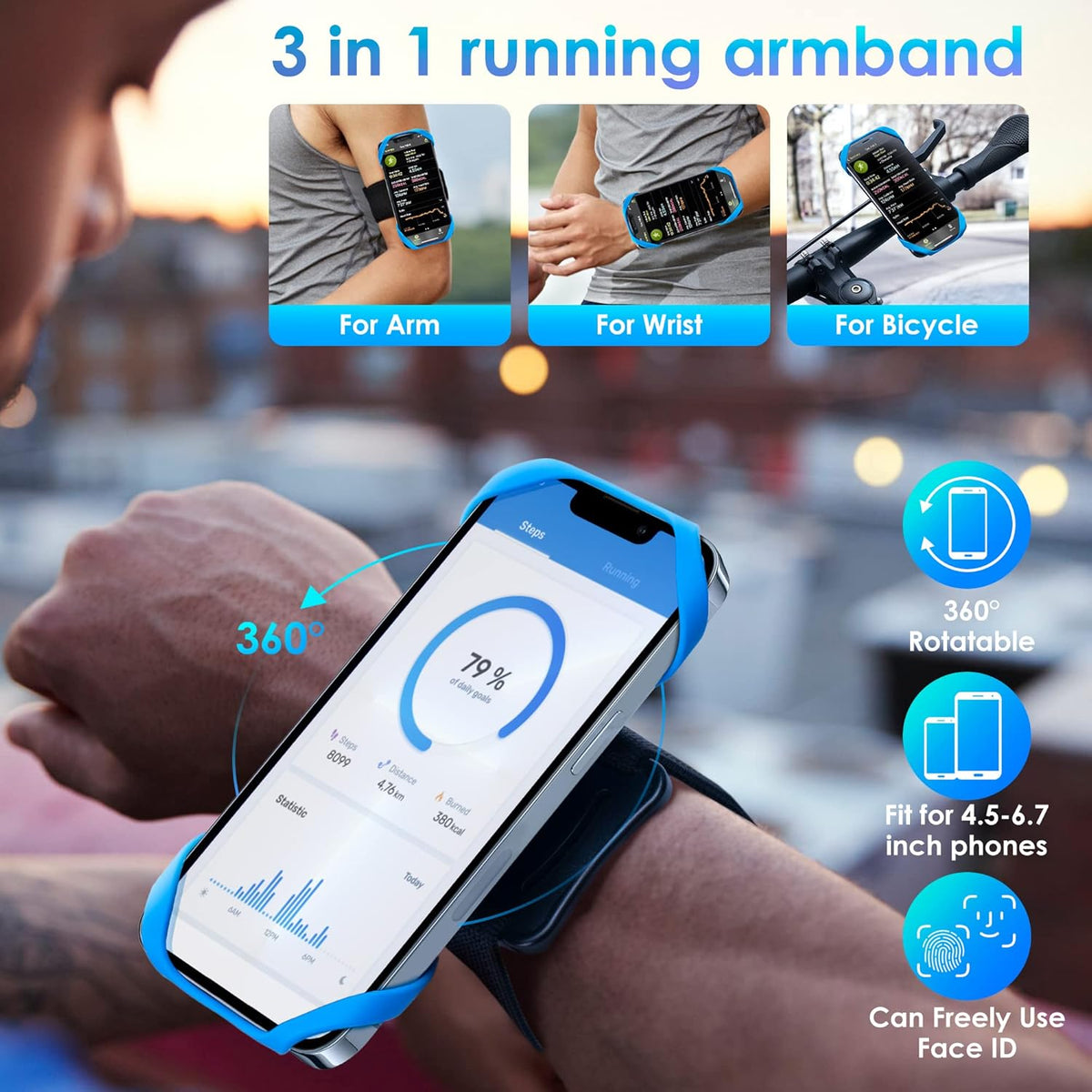 Cikyner Running Armband : 3 in 1 Sports Phone Holder - 360 Rotatable & Detachable for 4.5-7'' iPhone - Gym Running Hiking