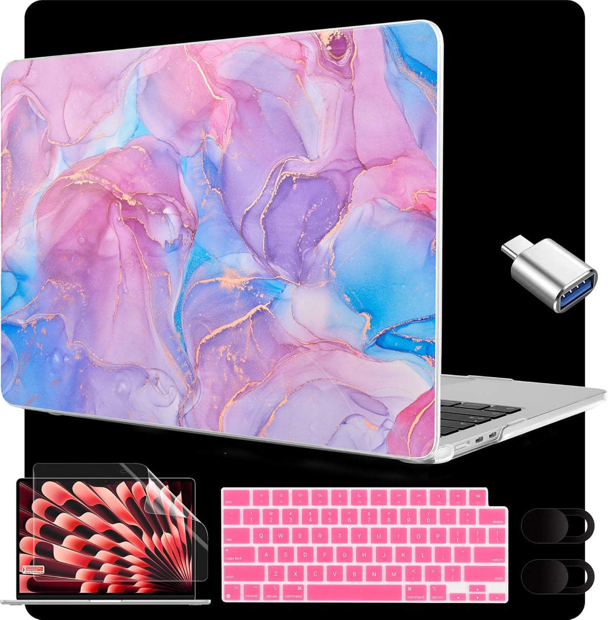 MEEgoodo for M4/M3/M2 MacBook Air 15.3 inch Case 2025 2024 2023, Case Fit Model (A3241/A3114/A2941) for MacBook Air 15 inch, Laptop Hard Shell with Keyboard Cover, Pink Marble Texture