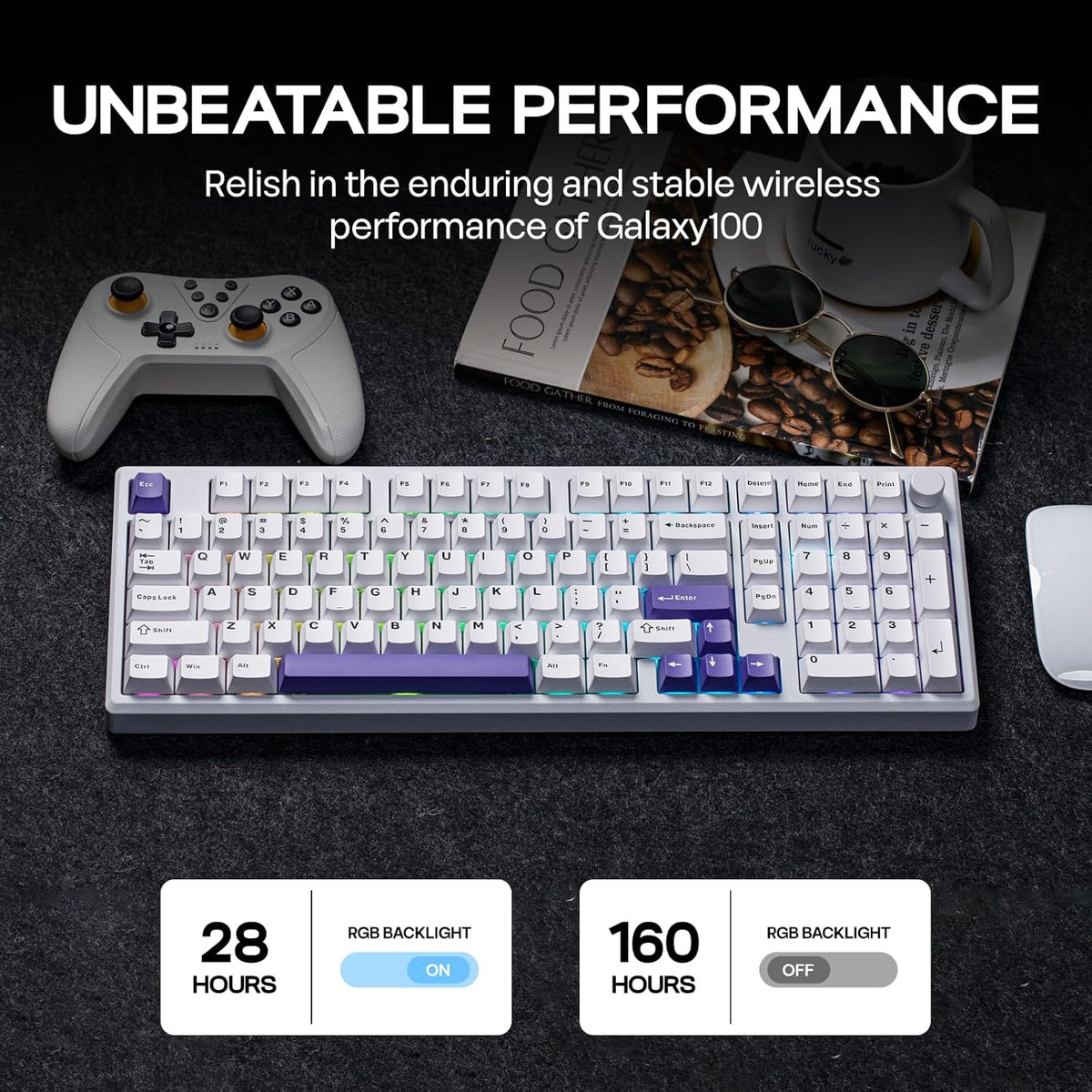 EPOMAKER Galaxy100 QMK/VIA Wireless Mechanical Keyboard with 8000mAh Battery and Numpad, CNC Aluminum, Full Size Gaming Keyboard, USB-C/BT5.0/2.4Ghz (White Purple, Marble White Switch)