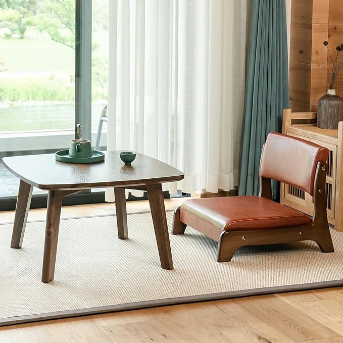 BTZHY Floor Chair Wooden Tatami Chair Floor Chair with Upholstery Lazy Susan Meditation Floor Seat for Bay Window Living Room Bedroom(Orange LeatherWood)