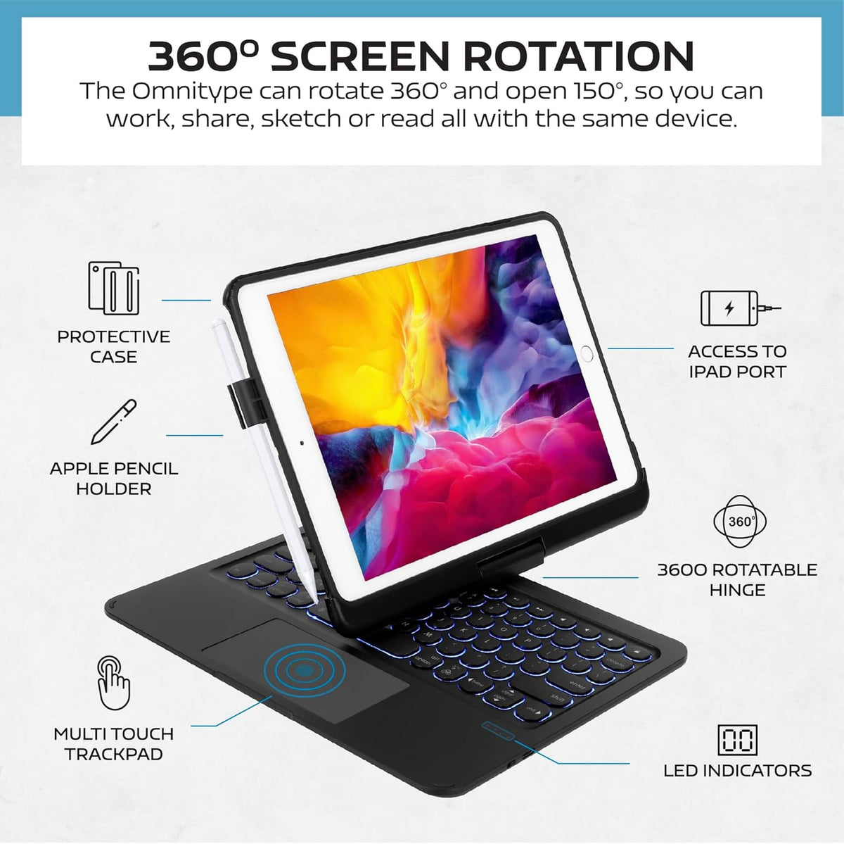 QUARK Keyboard Case for iPad Pro 9.7 inch 6th Gen / 5th Gen, 360° Rotatable Wireless Keyboard Case for iPad Air 2 & Air 1 with Multi-Touch Trackpad, Thin & Light, 7 Color Backlit (Black)